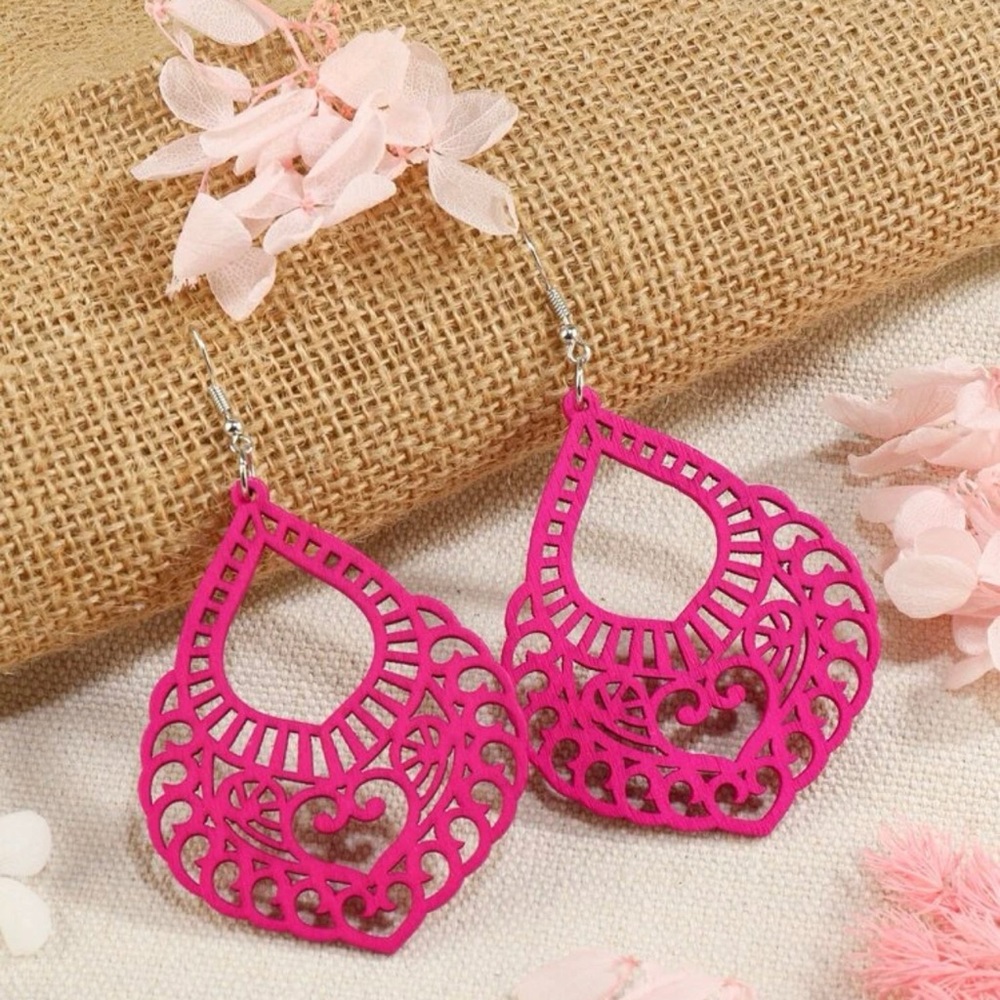 Pink Water Drop Wood Earrings